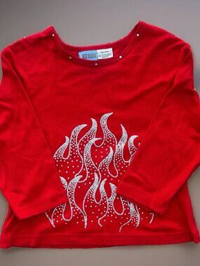 Y2K Goth Extreme Red Silver Sparkle Rhinestone Crewneck Flame Top Size Large